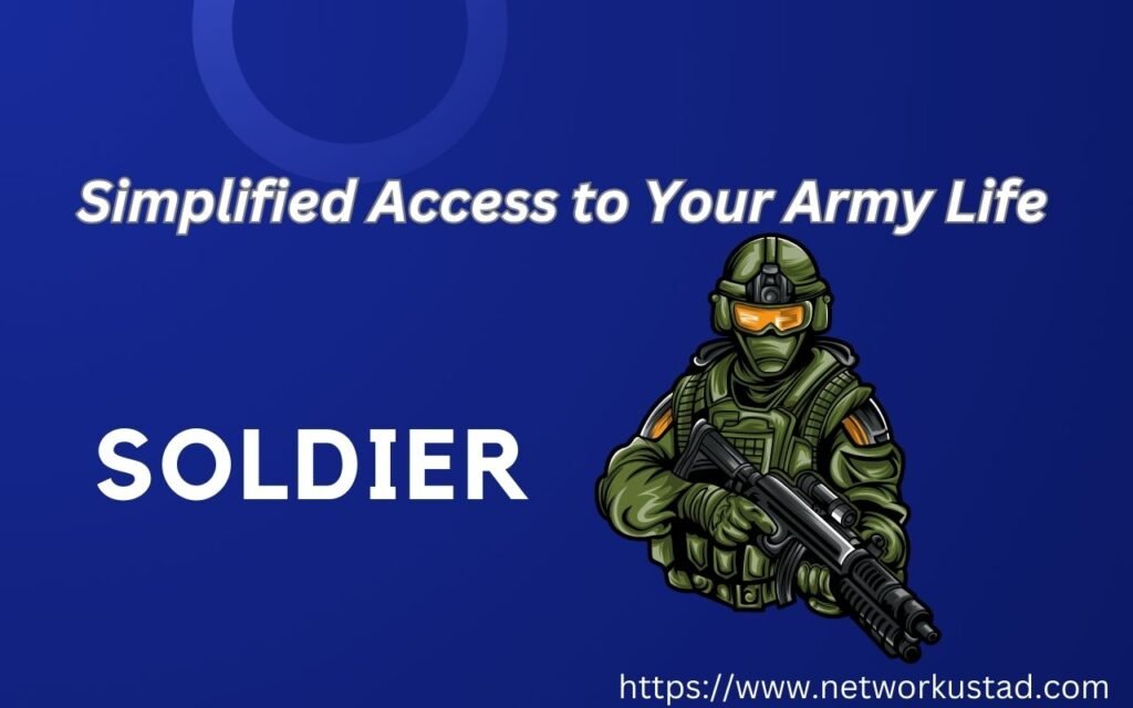 An illustration of a soldier in full gear holding a rifle against a blue background with the text “Simplified Access to Your Army Life” above and the word “SOLDIER” below in large white letters. A URL is present at the bottom