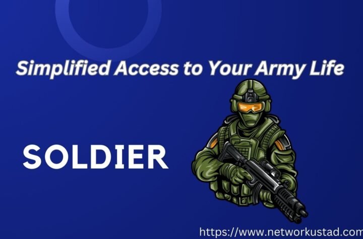 An illustration of a soldier in full gear holding a rifle against a blue background with the text “Simplified Access to Your Army Life” above and the word “SOLDIER” below in large white letters. A URL is present at the bottom