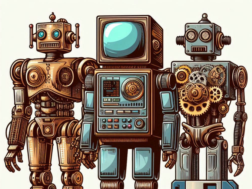 Illustration of three vintage robots with intricate details and various mechanical components.