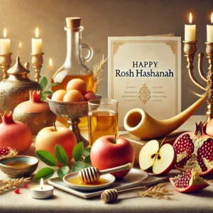 A serene Rosh Hashanah setting featuring apples, honey, a shofar, pomegranates, and candles on a beautifully arranged festive table.