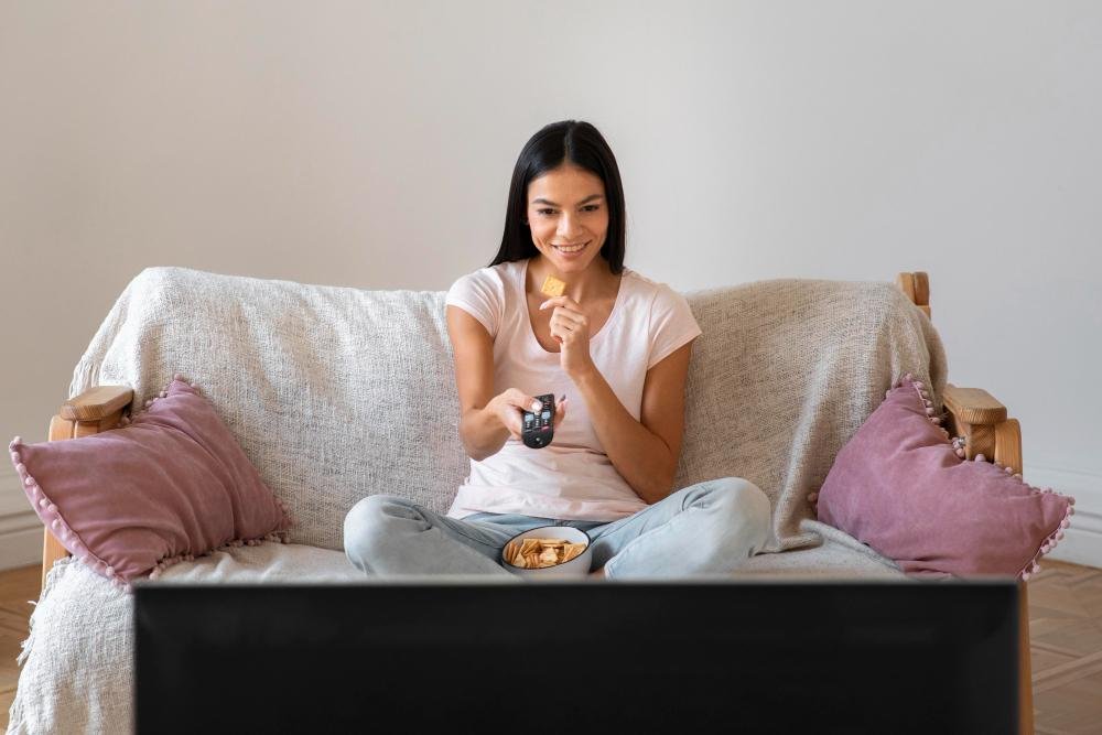 a girl sitting on a couch and watching tv